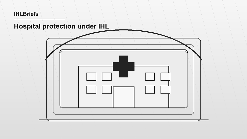 Black-and-white image of a hospital facade with layered legal protection lines